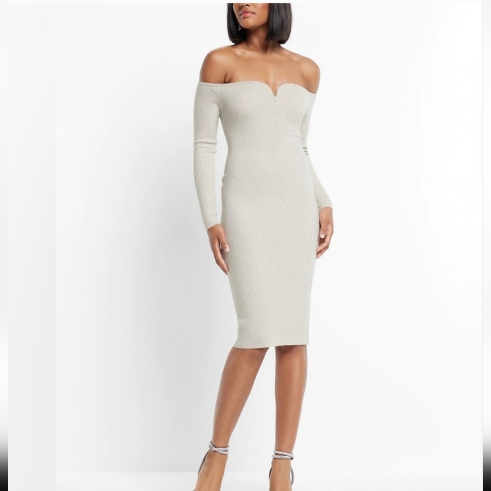 Express Off-Shoulder Metallic Ribbed Sweater Dress | Small - Picture 3 of 6